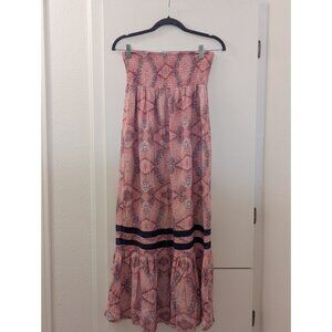 Volcom Womens Size 12 Strapless Boho Maxi Dress With Navy Crochet Trim & Geometr